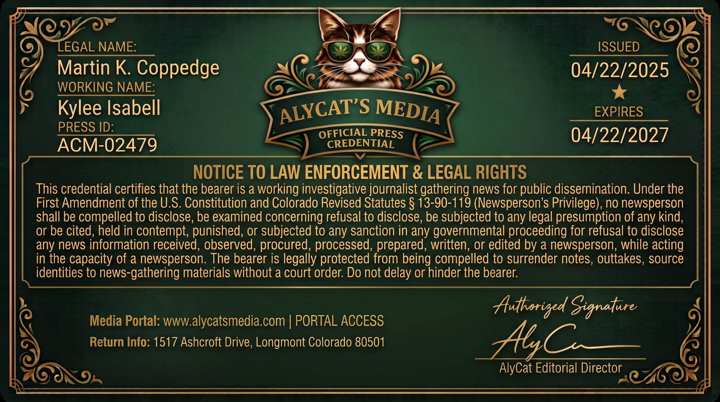 Kylee investigative journalist back of card